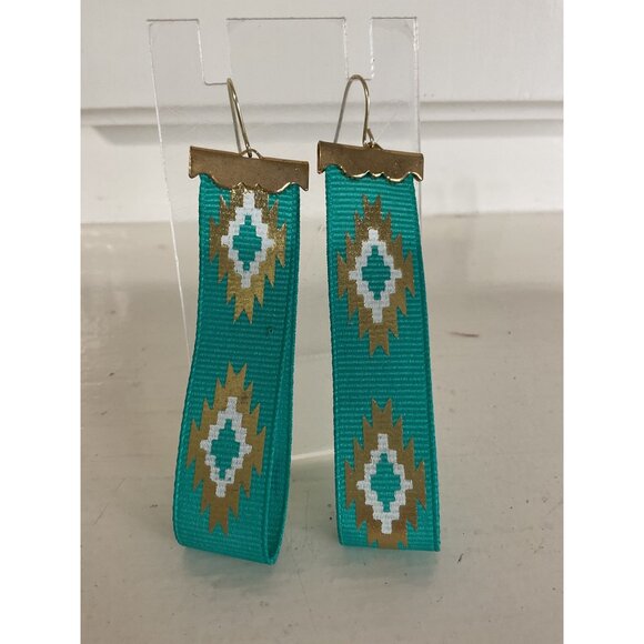 Turquoise & Gold Southwestern Aztec Style Ribbon Earrings With Hook Backings - Picture 1 of 4